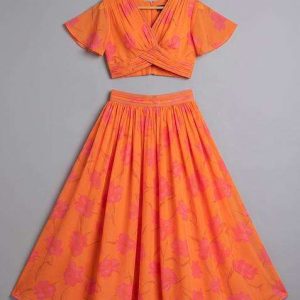 orange floral print lehenga set for girls