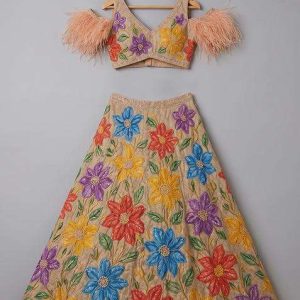 beige crepe embroidered lehenga set for girls