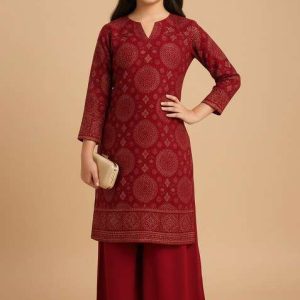girls red sequin tissue kurta set