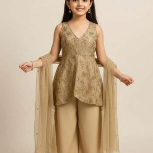 beige net embellished kurta set for girls