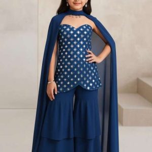 blue silk embellished sharara set for girls