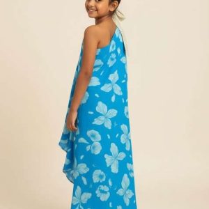 blue georgette floral print dress for girls