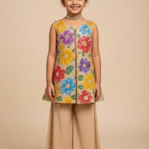 beige crepe embroidered kurta set for girls
