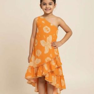 orange georgette floral print dress for girls