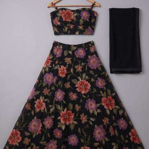 black organza floral print lehenga set for girls