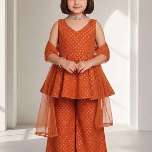 orange georgette embroidered kurta set for girls