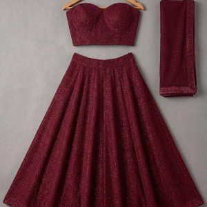 wine red net embroidered lehenga set for girls
