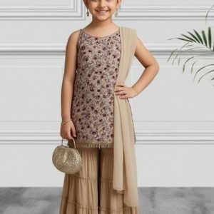 beige net sequin sharara set for girls