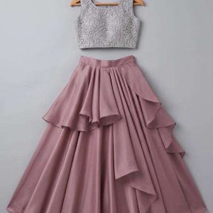 grey chinon sequin lehenga set for girls