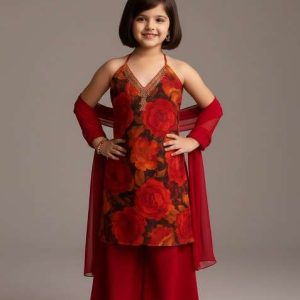 girls red floral print georgette sharara set