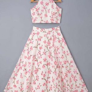 peach silk floral print lehenga set for girls