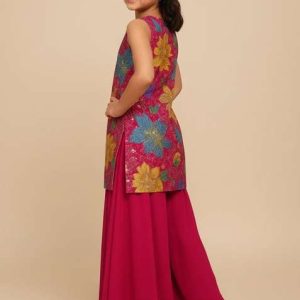 pink crepe embroidered kurta set for girls