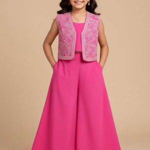 pink georgette embroidered sharara set for girls