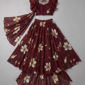brown georgette floral print lehenga set for girls