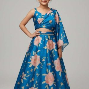 blue satin floral print fusion set for girls