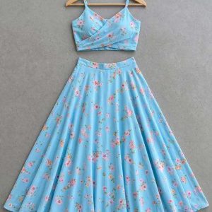 blue silk floral print lehenga set for girls