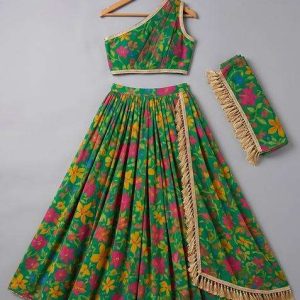 green georgette floral print lehenga set for girls