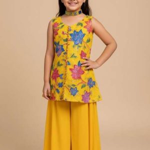 yellow crepe embroidered kurta set for girls