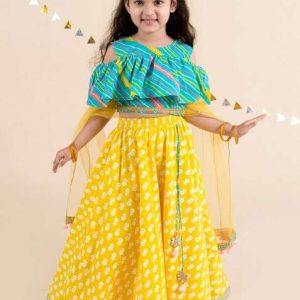 yellow and turquoise blue printed lehenga with blouse with dupatta (set of 3)