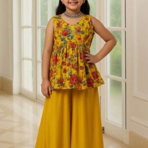mustard yellow organza embroidered sharara set for girls