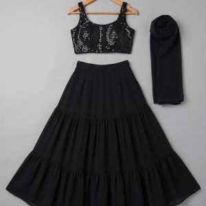 black satin embellished lehenga set for girls