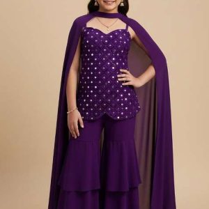 purple silk embellished sharara set for girls