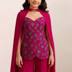 rani pink silk zari embroidered sharara set for girls