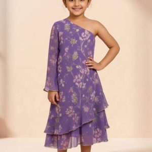 purple chiffon floral print dress for girls
