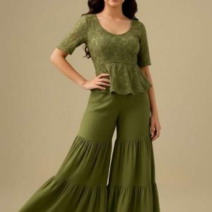 green georgette embellished sharara set for girls