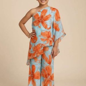 multi color satin floral print fusion set for girls