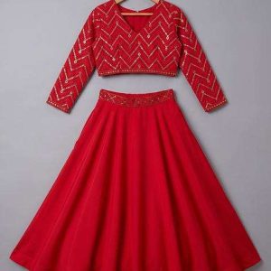 red georgette embroidered lehenga set for girls
