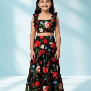 black silk floral print fusion set for girls