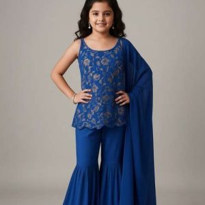 girls blue embroidered tussar sharara set
