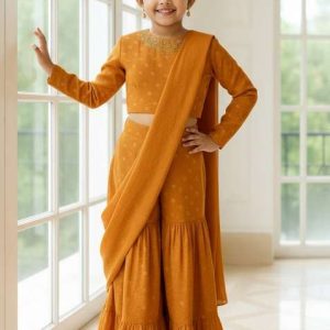 mustard yellow tissue embroidered sharara set for girls