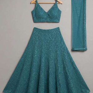 blue net embroidered lehenga set for girls