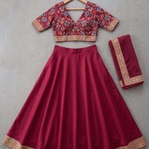 red crepe embroidered lehenga set for girls