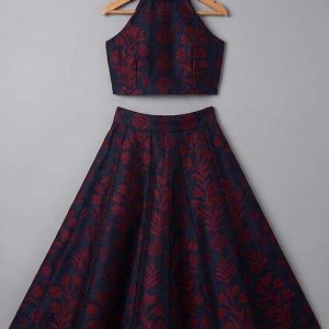 maroon silk floral print lehenga set for girls