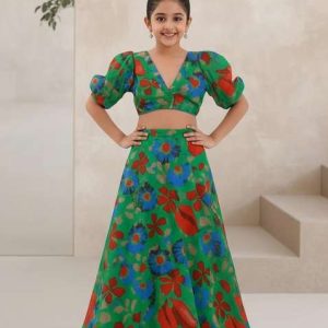 green chinon floral print fusion set for girls