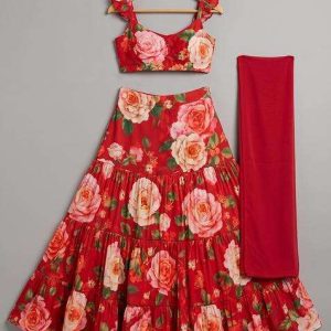 red satin floral print lehenga set for girls