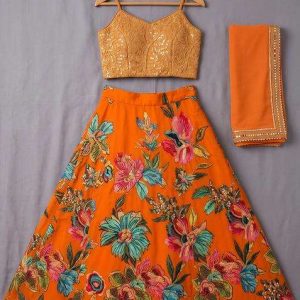 orange organza embroidered lehenga set for girls