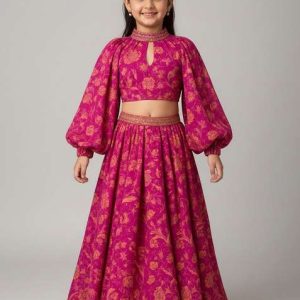 hot pink satin floral print fusion set for girls