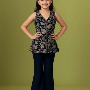 girls navy blue embroidered georgette sharara set