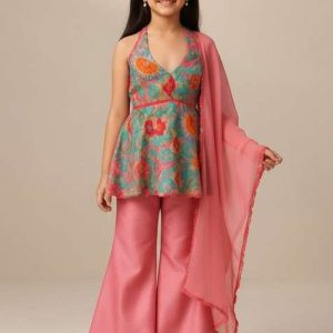 bright pink chinon floral print kurta set for girls