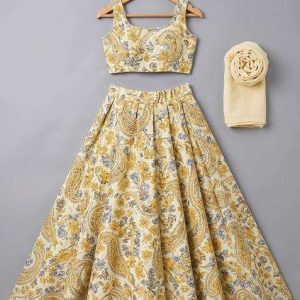 yellow crepe floral print lehenga set for girls