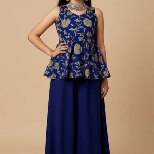 navy blue silk embroidered sharara set for girls