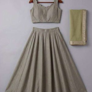 olive chinon embellished lehenga set for girls