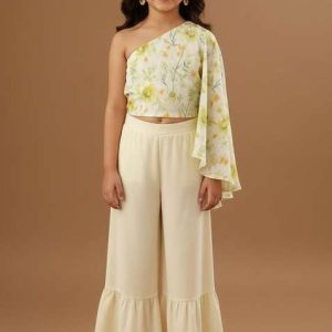 yellow satin floral print fusion set for girls