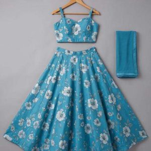 girls blue floral print crepe lehenga set