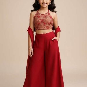 red georgette embroidered fusion set for girls