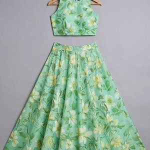 girls green floral print lehenga set